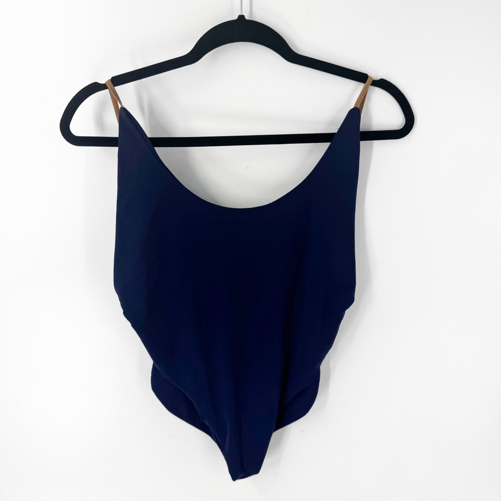 JLUXLABEL Navy Blue Low Back BATHING SUIT Tan Straps TJL10195HD Large Womens